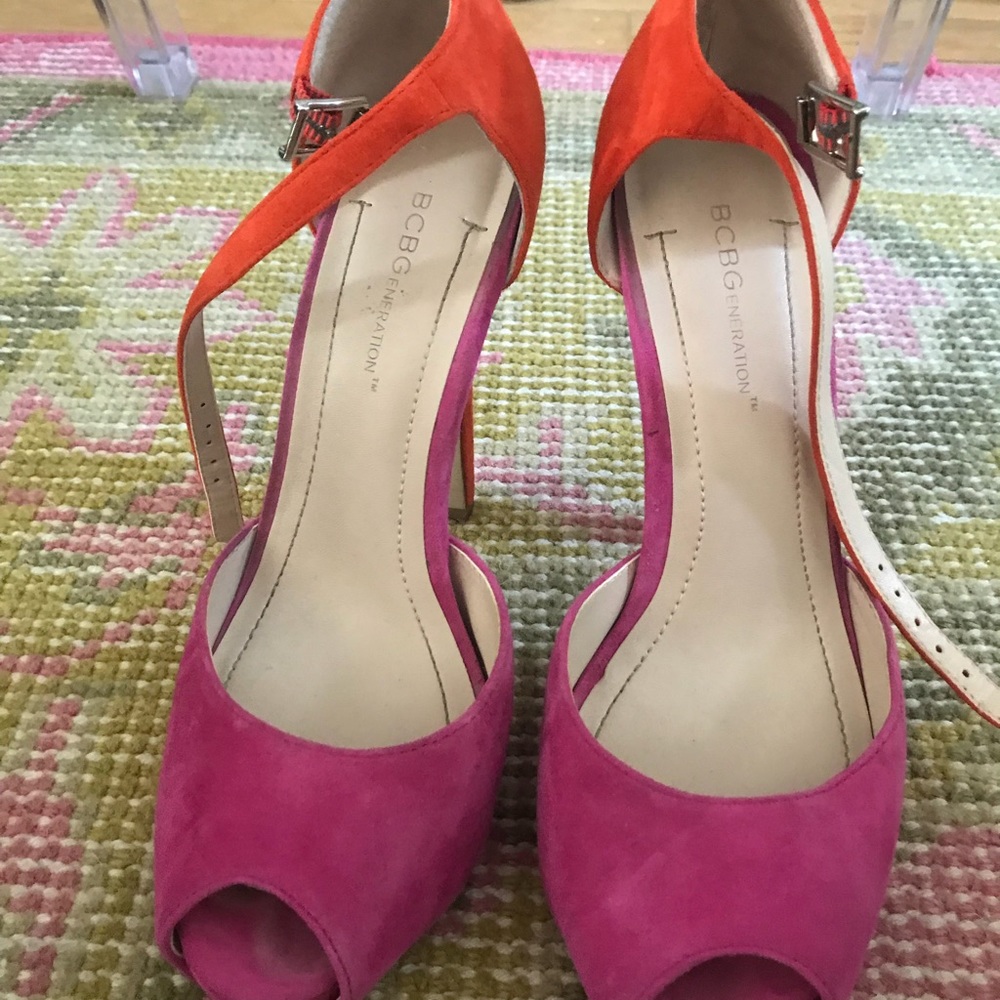 BCBG platform heel in bright red and pink suede